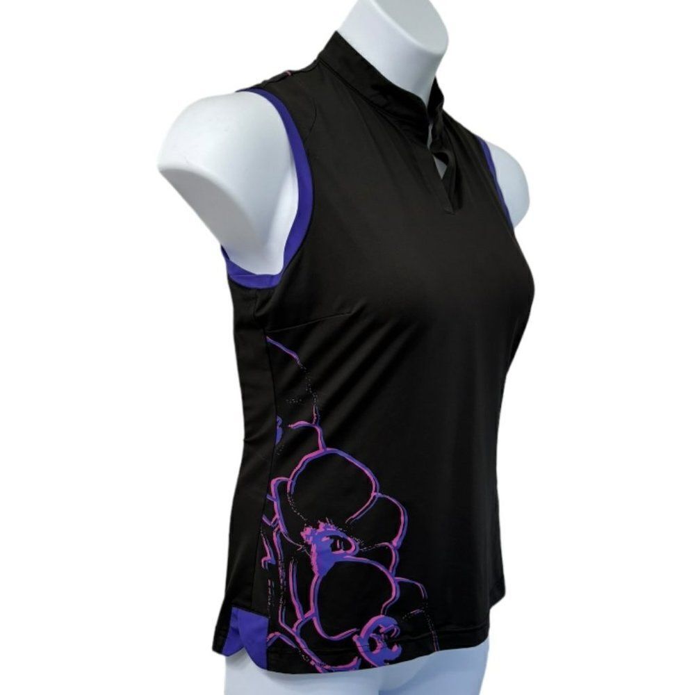 Adidas Black and Floral  V-Neck Golf Shirt‎ Activewear ClimaCool Size Medium